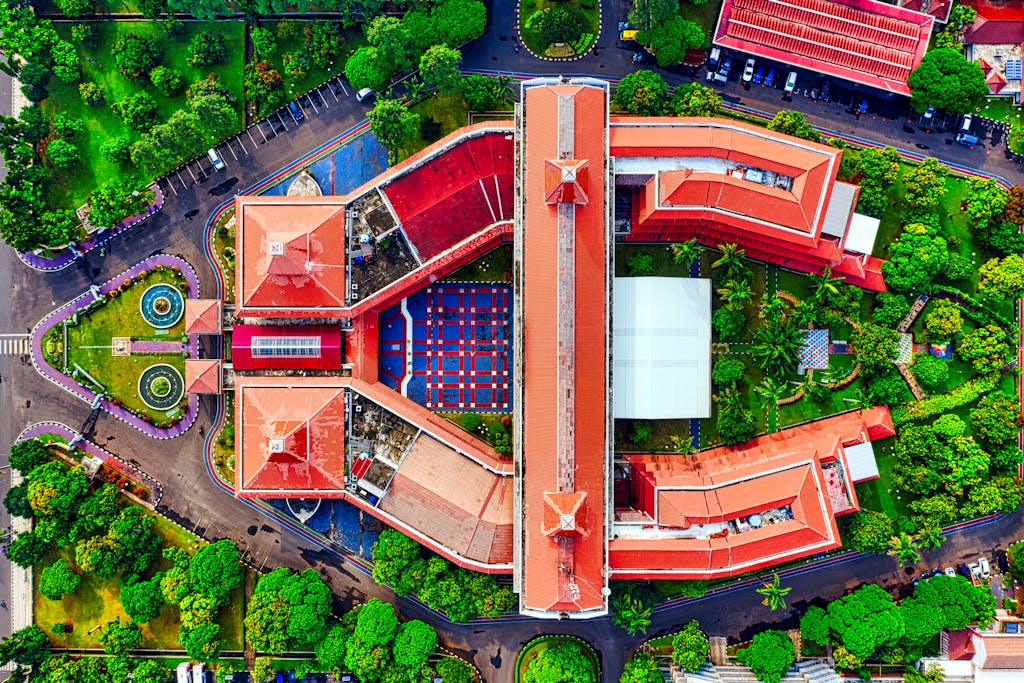 A vibrant aerial shot showcasing modern architecture with lush greenery in Tangerang, Indonesia.